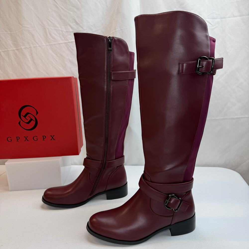 GPXGPX Women's Burgundy Knee High Boots Buckle Round Toe Low Heel Size 7 - Picture 4 of 9